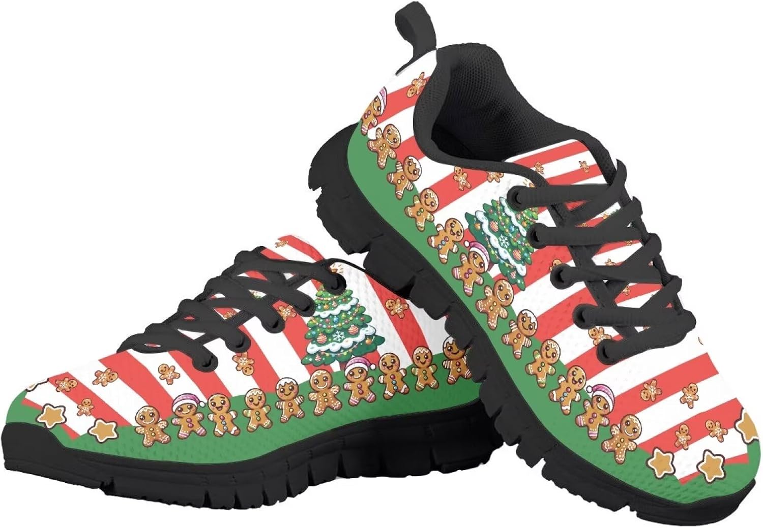 

Рождественские детские легкие кроссовки для бега, девочкам, на шнуровке, дышащие, противоскользящие теннисные кроссовки для маленьких детей (Размер 11-13) / больших детей (Размер 1-5) Quxjehoe, Striped Christmas Gingerbread Men