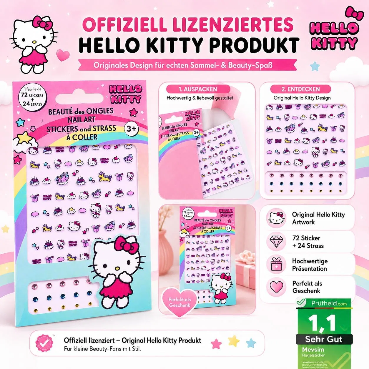 Детский набор наклеек для ногтей Hello Kitty, 144 наклейки и 48 страз Mevsim Store, Hello Kitty — фото 3