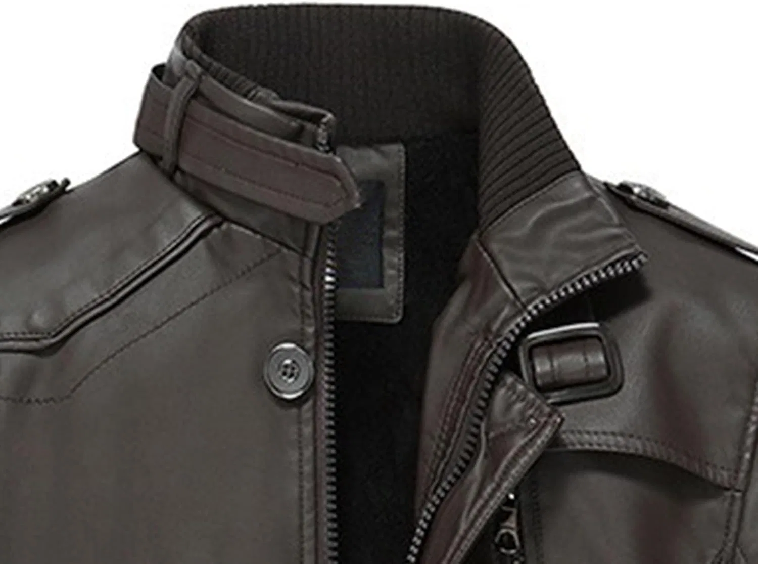 Мужская куртка из кожи с воротником-стойкой и поясом, модель Stand Collar Belted, кофейный — фото 2