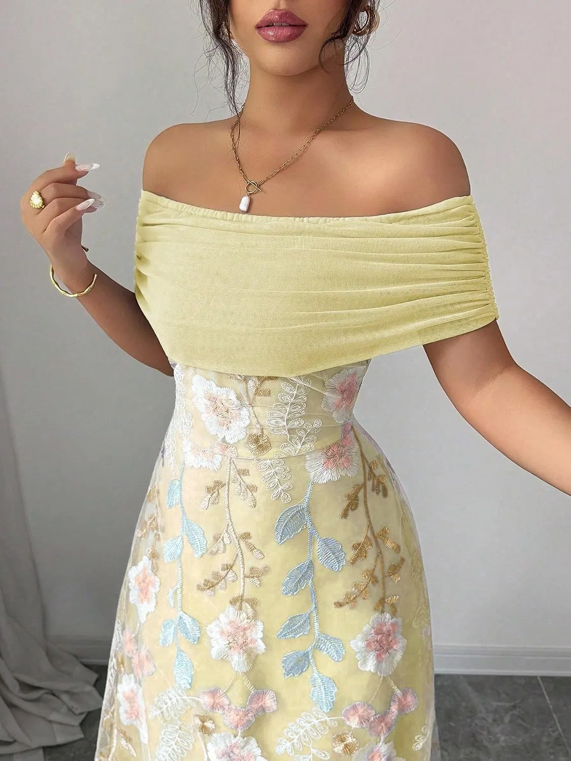 Женское повседневное миди-платье с воланами Off Shoulder, Yellow — фото 3