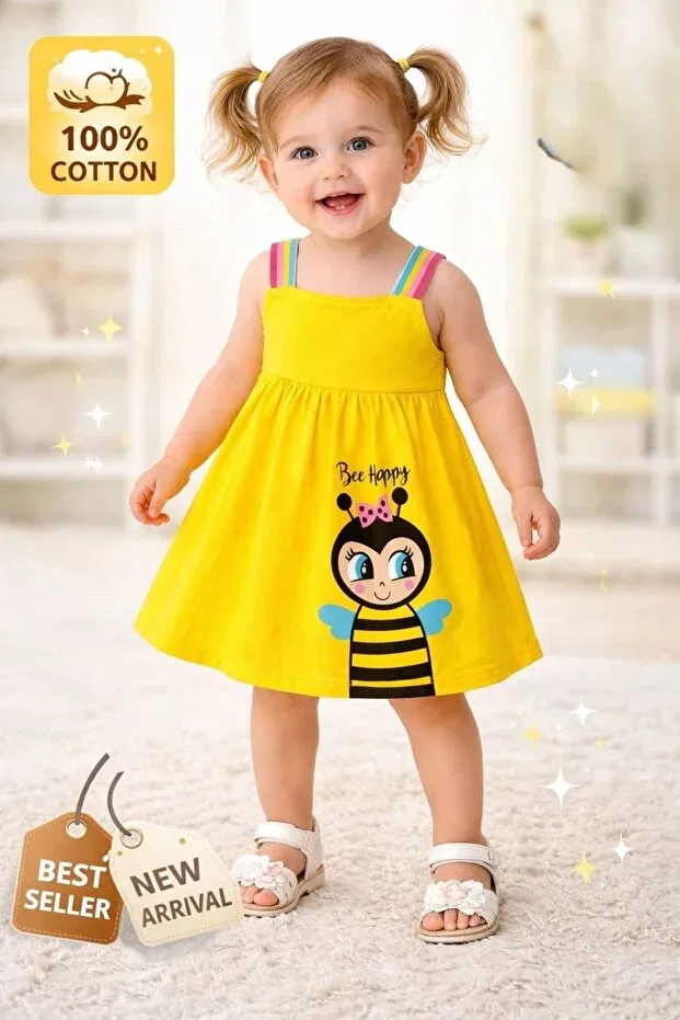 Детское платье для девочек с принтом Bee Happy Printed Yellow Straps Bebeman, Yellow