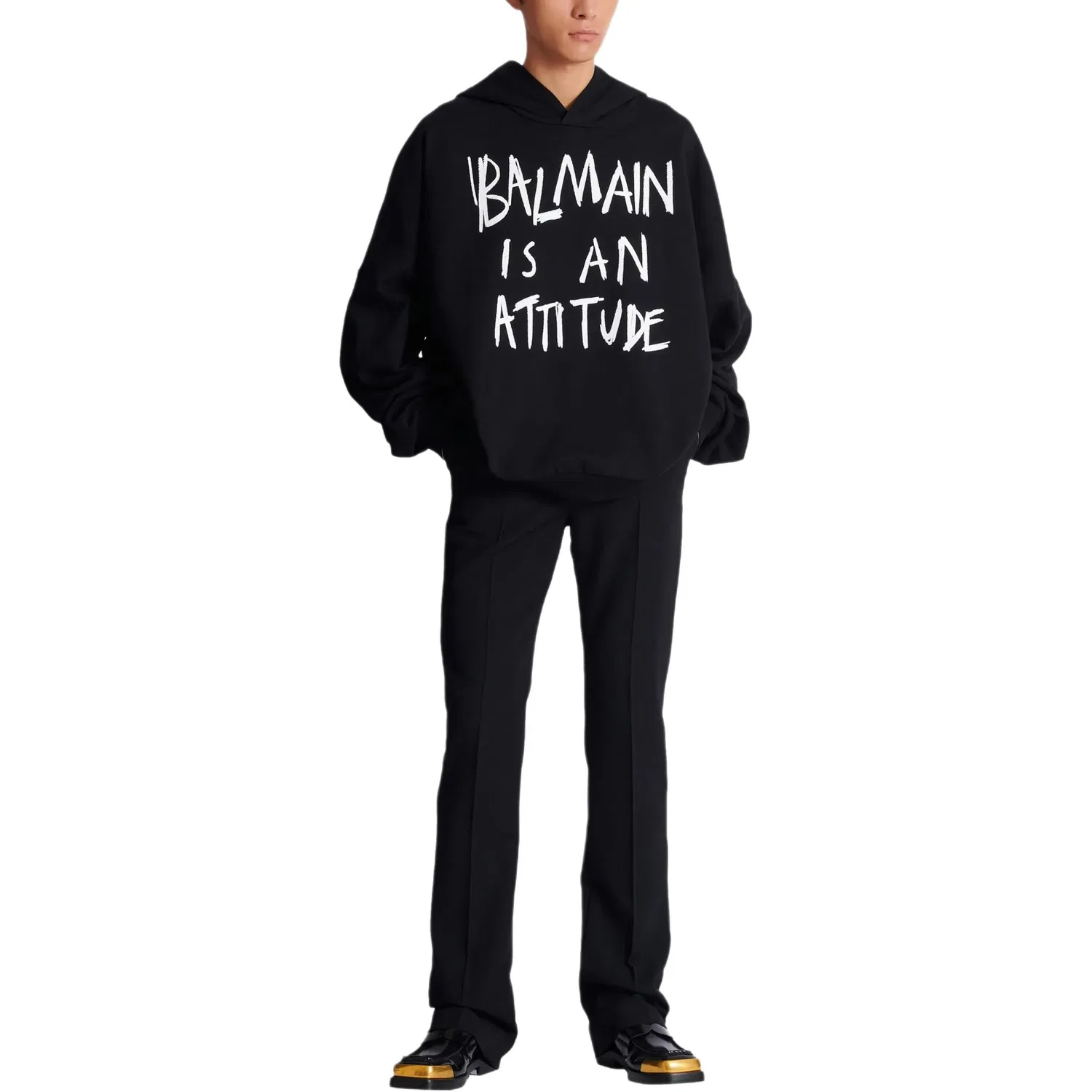 Мужское худи с принтом Logo Printed Hooded Sweatshirt BALMAIN, Black — фото 3