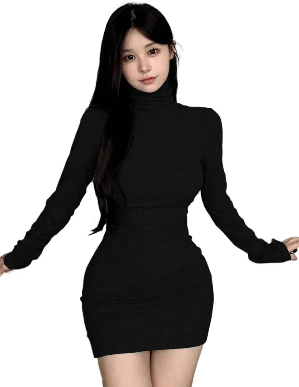 Женское облегающее платье миди с длинным рукавом Rib-Knit, Black