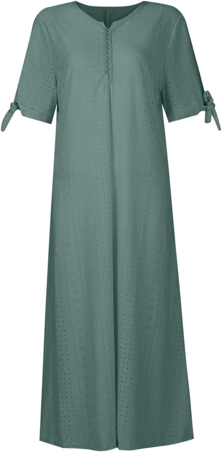 Женское летнее платье макси с вышивкой Button V Neck Tie Knot Short Sleeve, Dark Green — фото 3