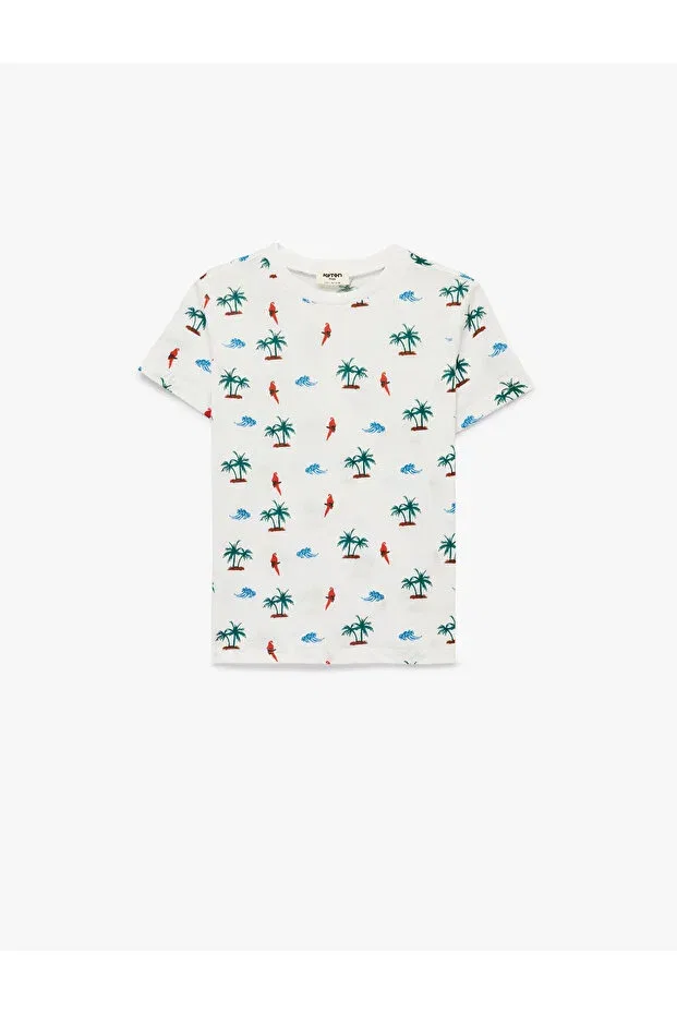 Детская футболка для мальчиков с принтом Palm Printed Short Sleeve Crew Neck Cotton T-Shirt Koton, White Patterned — фото 4