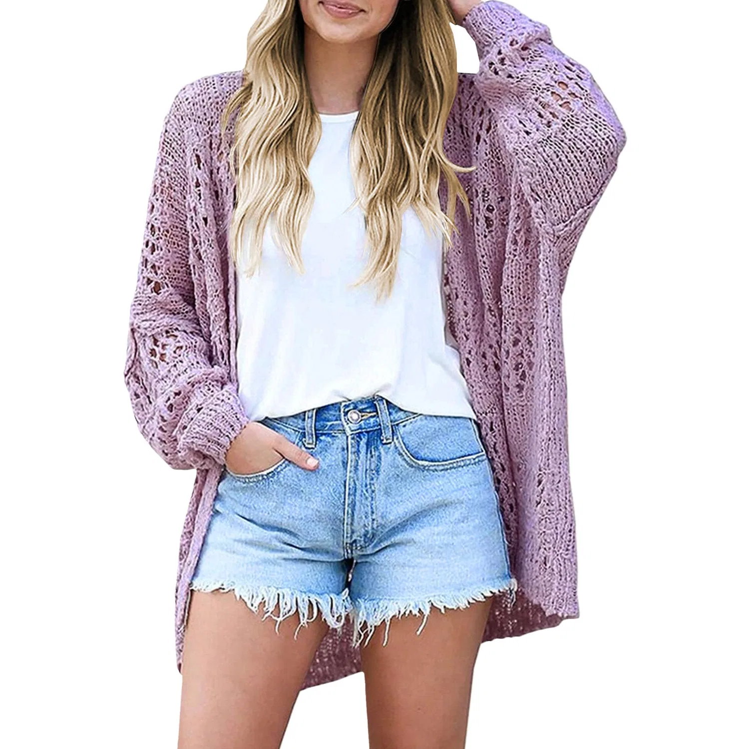 Женский ажурный кардиган-кимоно с длинным рукавом, Purple