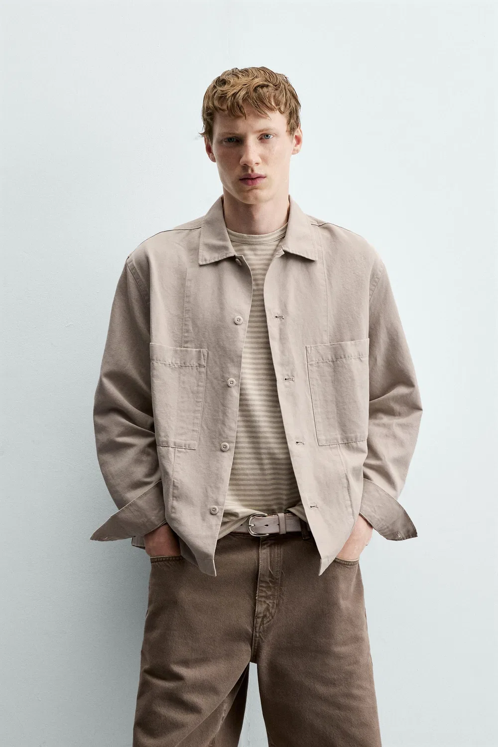 Рубашка-куртка стандартного кроя ZARA, Light beige — фото 2