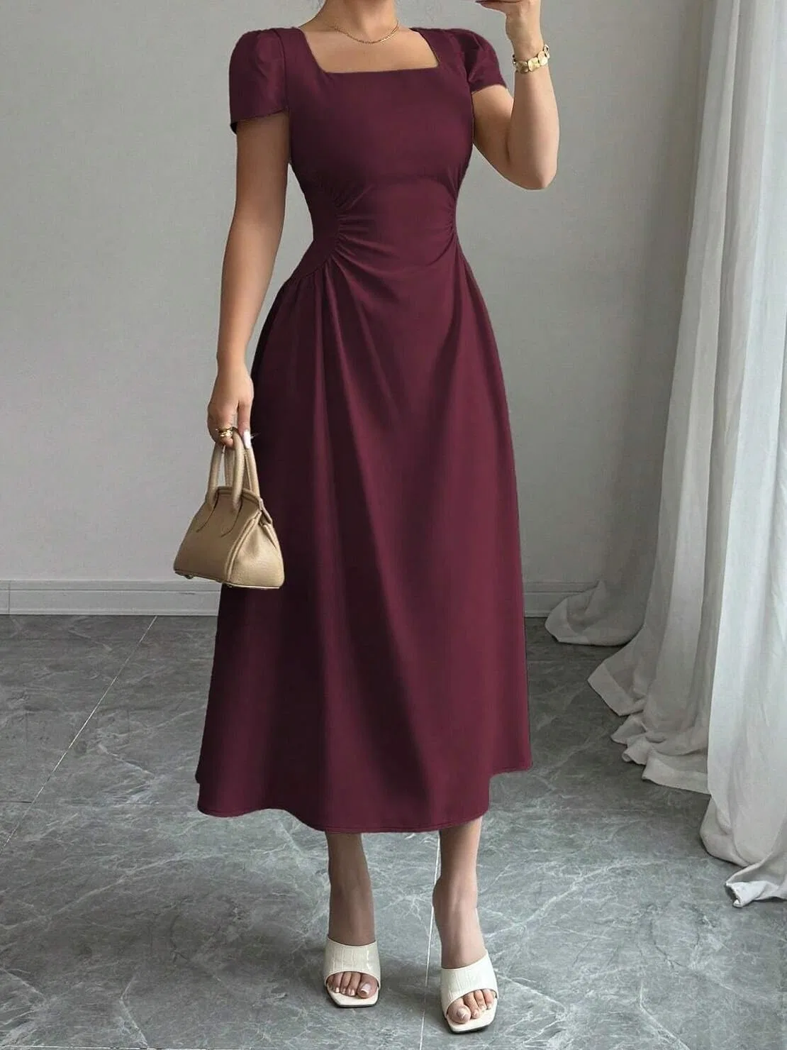 Женское элегантное платье A-силуэта с квадратным вырезом, Maroon — фото 3