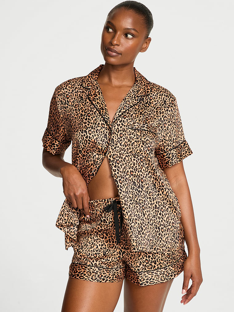 Короткий пижамный комплект из глянцевого атласа Victoria'S Secret, signature satin marzipan leopard — фото 2