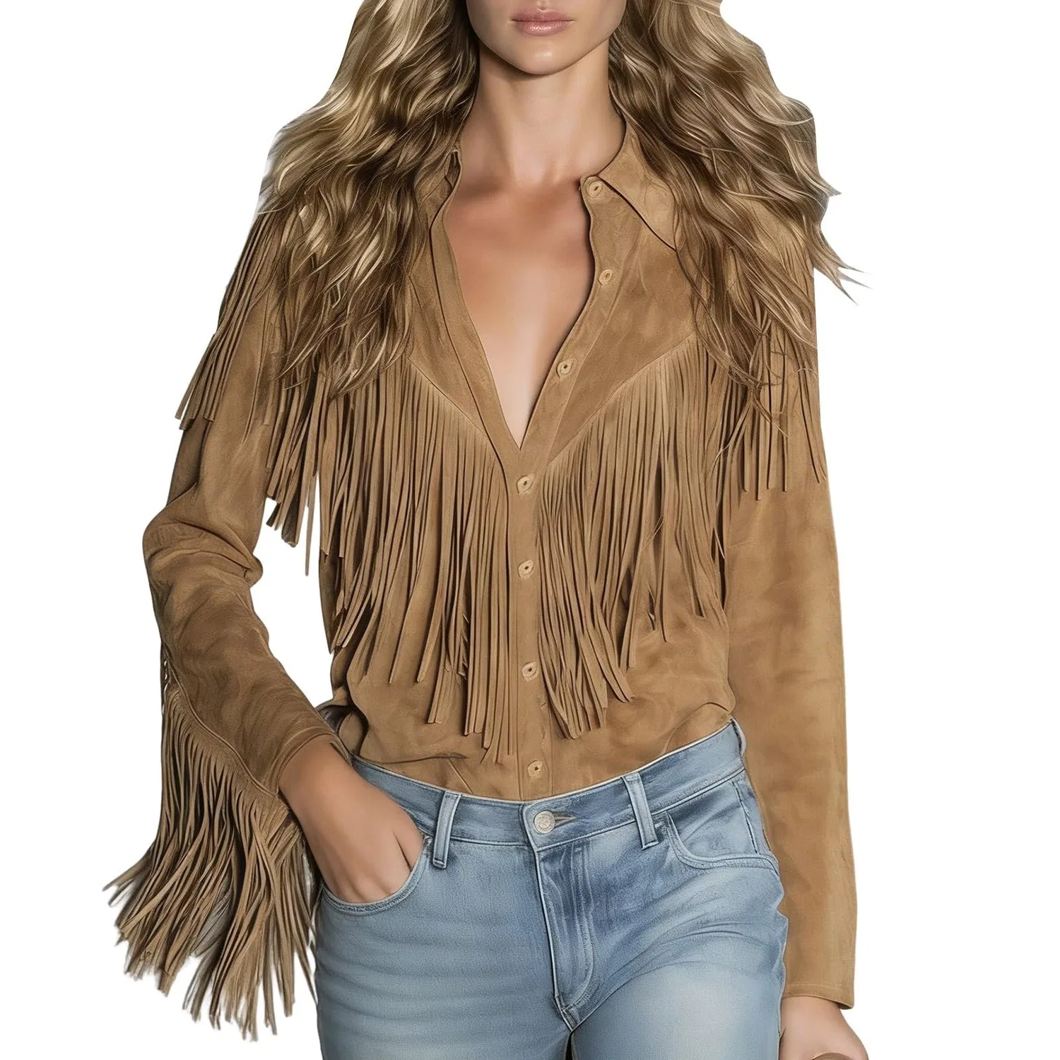 Женская блуза с бахромой Fashion Cowgirl Leather Tops Women Tassel Shirts 70s Hippie Cowgirl Western Faux Suede Fringe Blouse Long Sleeve Button Lapel Top Elegant, Brown