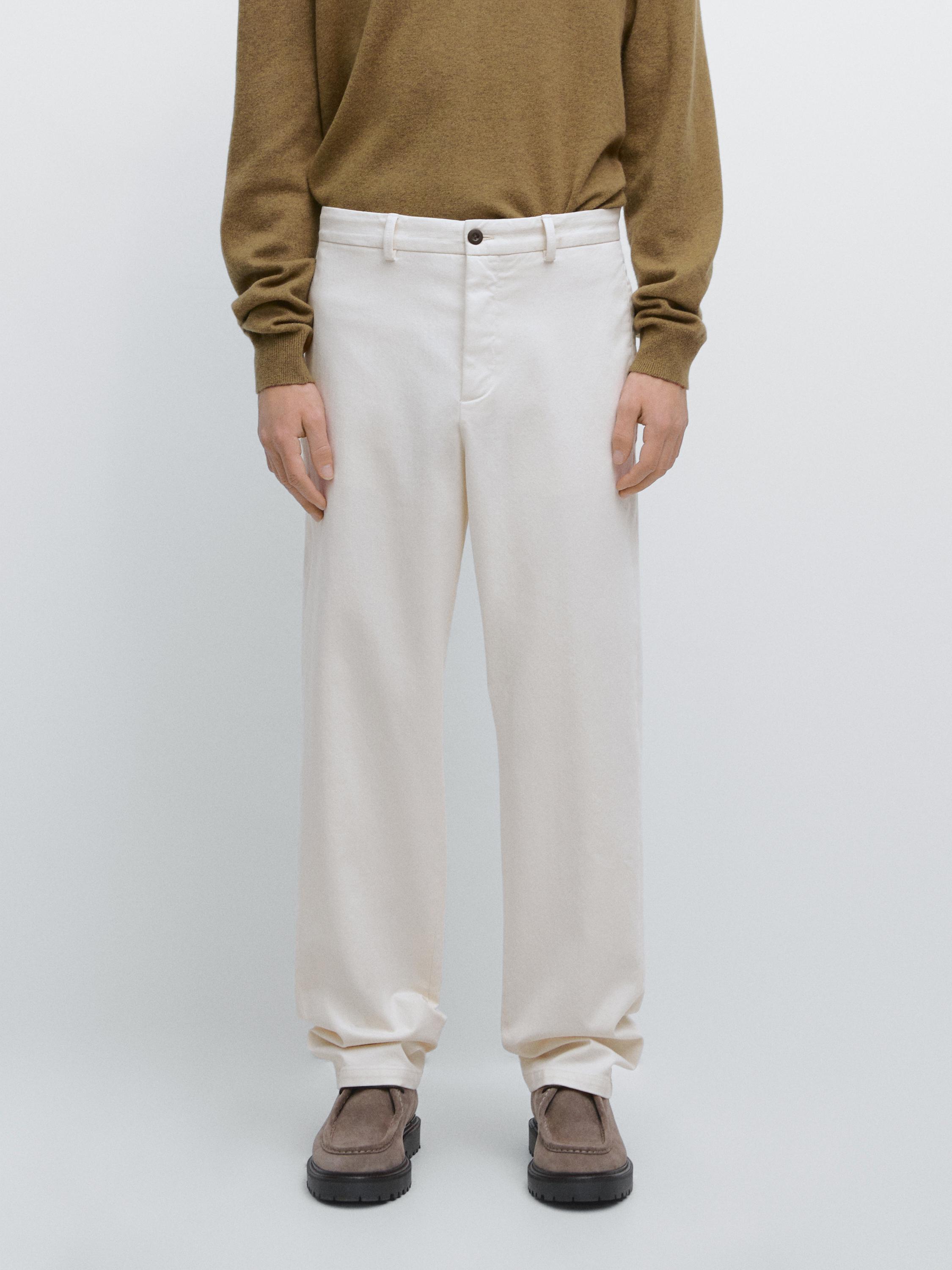 Брюки из хлопкового твила с эластичным поясом Massimo Dutti, off white — фото 3