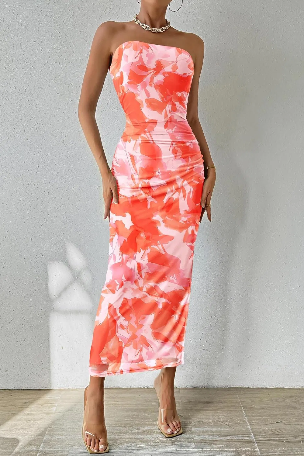 Женское летнее макси-платье bodycon с принтом Strapless Tube Top, Print Light Orange — фото 3