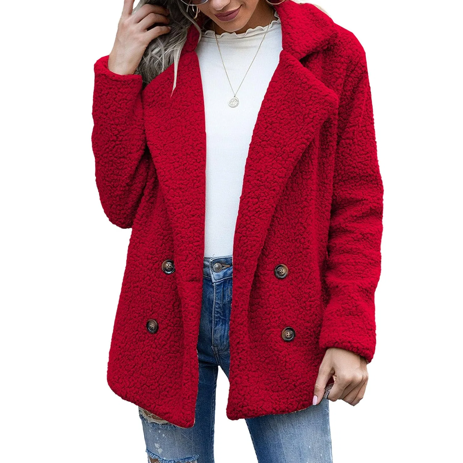 Женское длинное пальто из искусственного меха с принтом, модель Oversized Warm Jacket, Red — фото 2