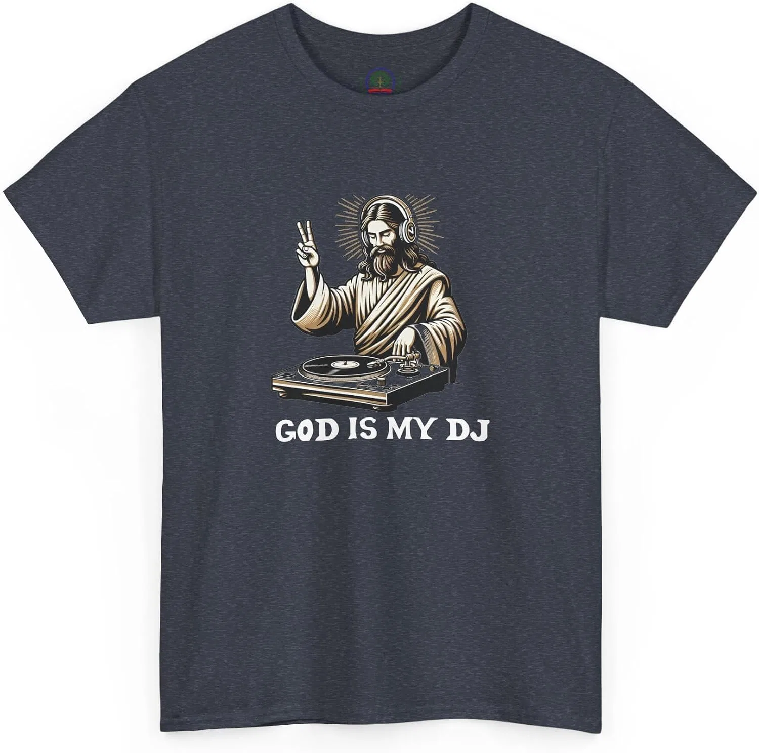 Мужская футболка с принтом God is My DJ, тёмно-синий меланж — фото 4