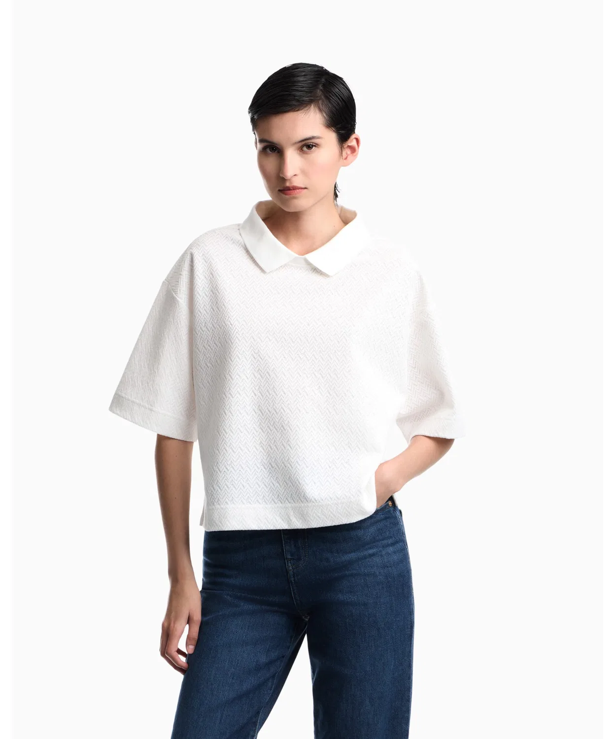 Женский поло с шевронным жаккардом, с коротким рукавом EMPORIO ARMANI, Белый