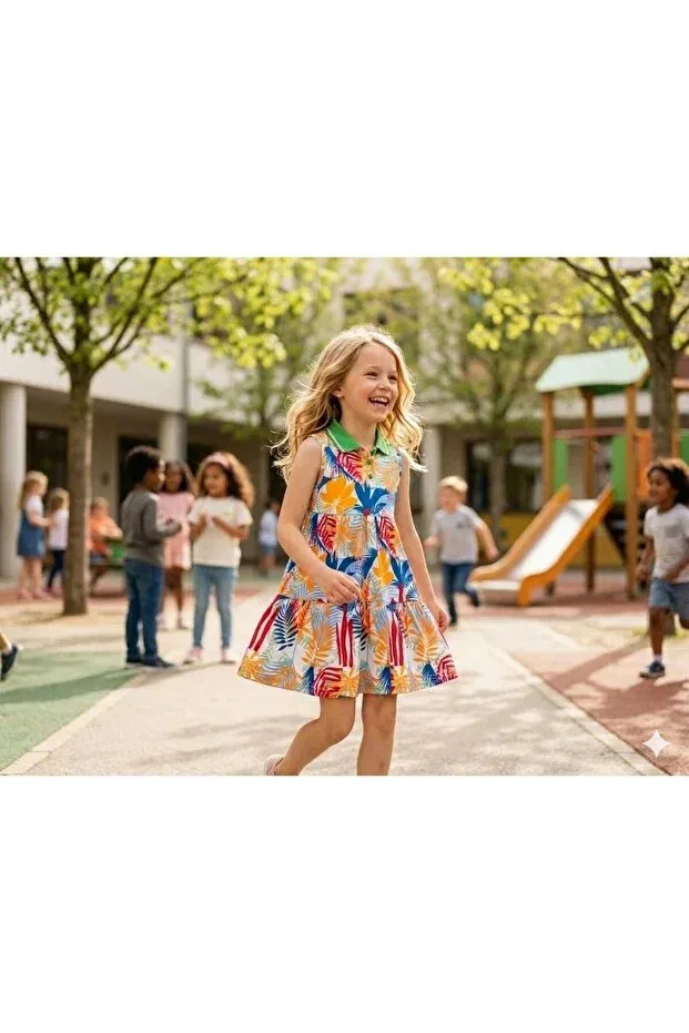 Детское платье для девочек с принтом Floral Collar Dress Hilal Akıncı Kids, Green