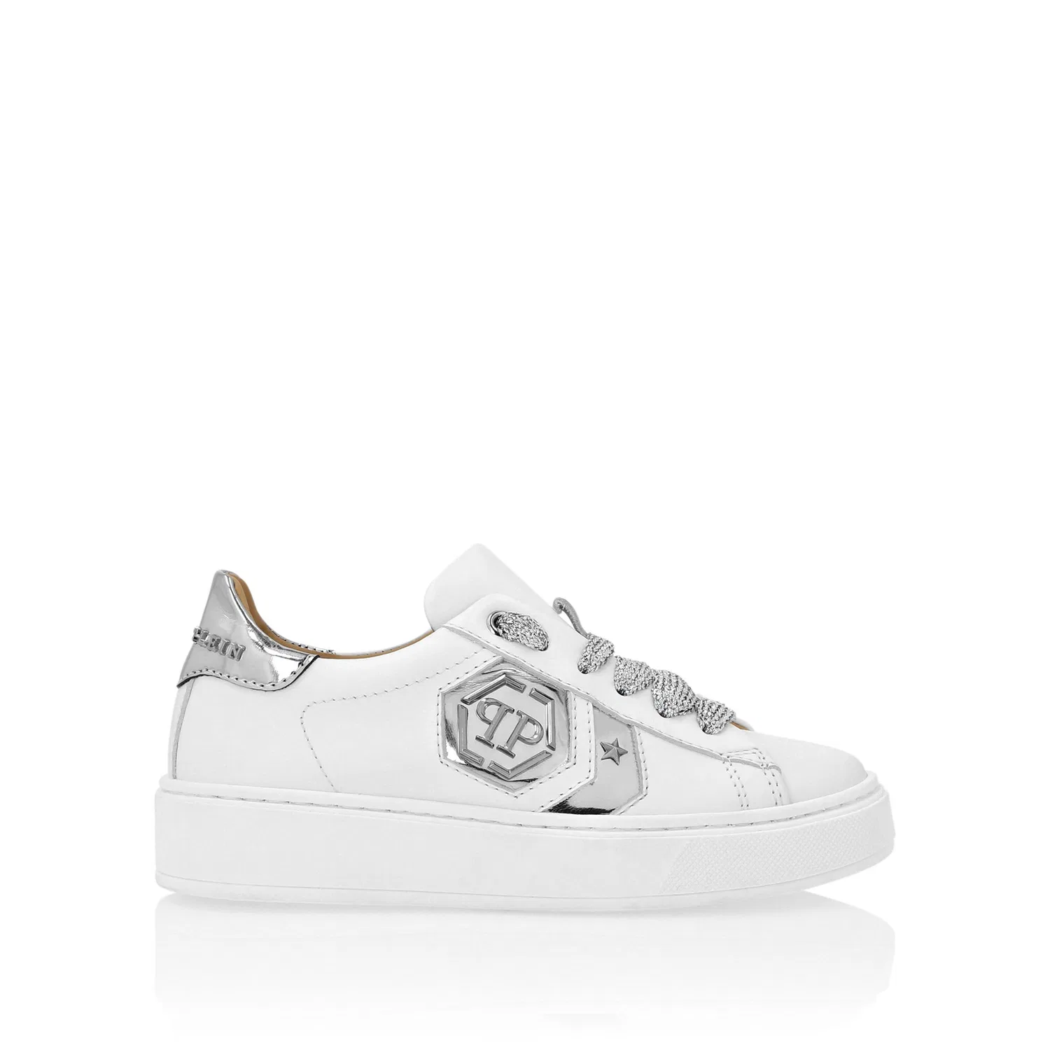 Детские кожаные кроссовки с шестиугольным логотипом PHILIPP PLEIN, White/Silver — фото 3