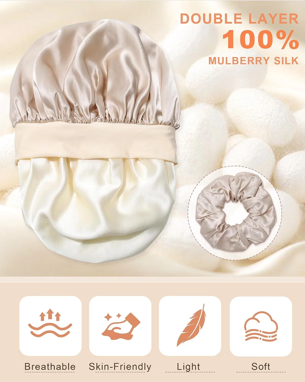 Двухслойная двусторонняя шапочка для сна с галстуком для волос, AWAYTR, Beige and Champagne — фото 4