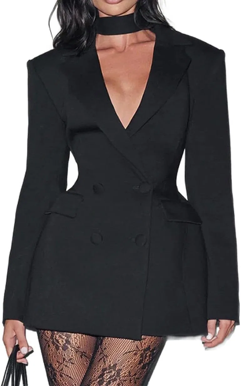 Женское мини-платье-пиджак с V-образным вырезом Slim Fitted, Black