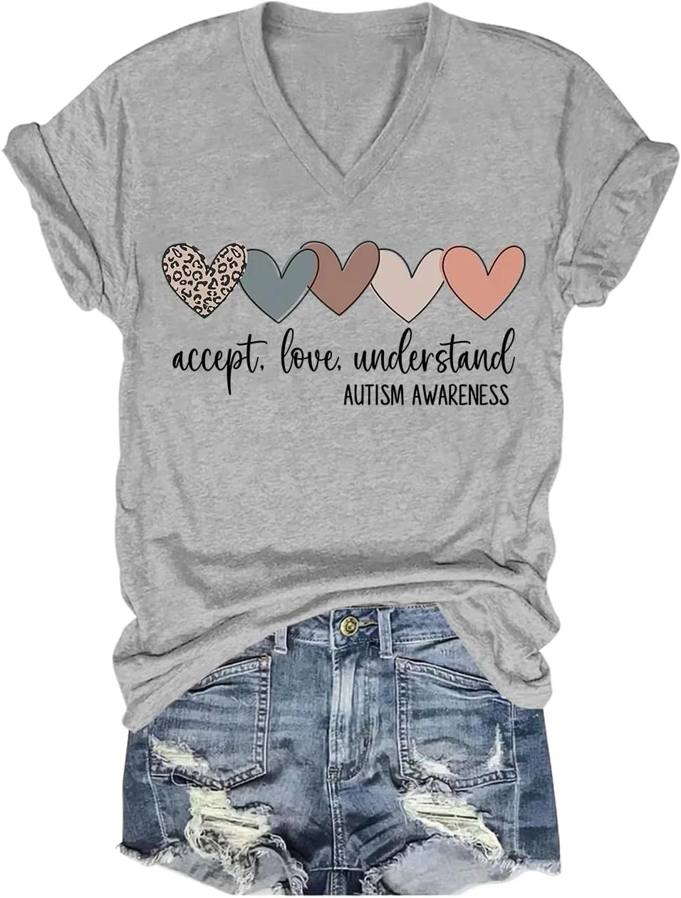 Футболка с V-образным вырезом с принтом Accept Understand Love, Grey