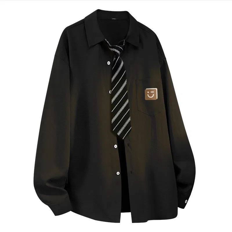 Детская рубашка с лацканом хлопковая MINISO, Ice Silk Breathable Black (Warm Brown Smile Chest Logo)