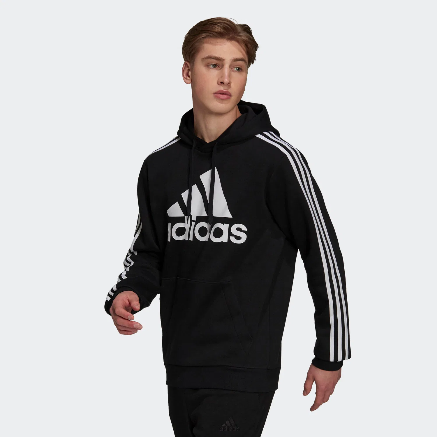 Мужское худи с флисом Essentials Fleece 3-Streifen Logo Hoodie Adidas, Schwarz Weiss — фото 3