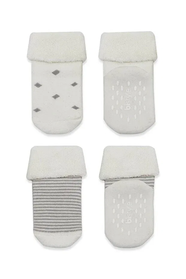 Детские носки с принтом Organic seamless 2-piece pointed circle non-slip towel socks Bistyle, Gray-Ecru — фото 4