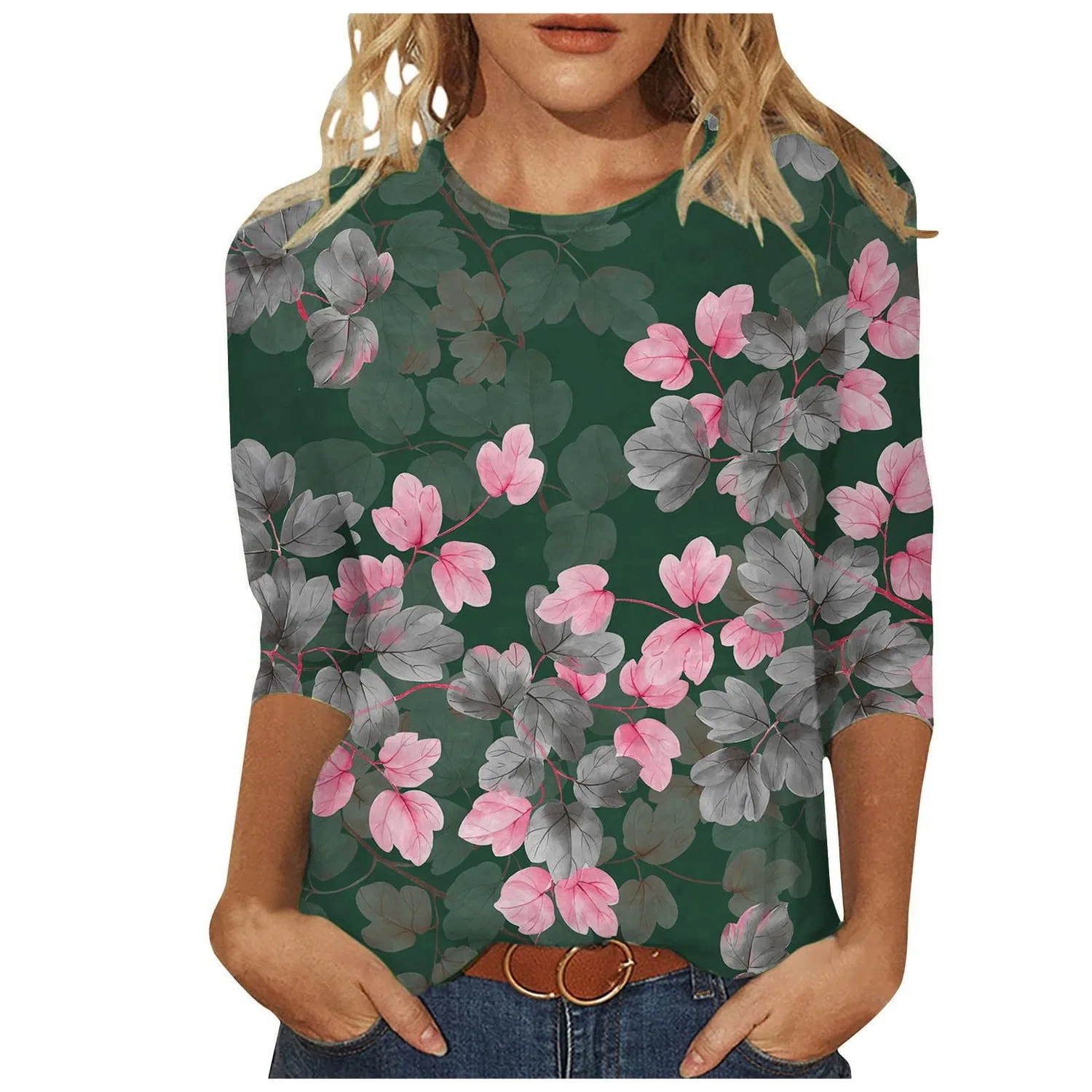 Женская футболка с принтом Plus Size T-Shirts 3/4 Sleeves T-Shirts Summer Round Neck Floral Print Casual Loose Blouses Fashion Thermal Neck, Ag #3