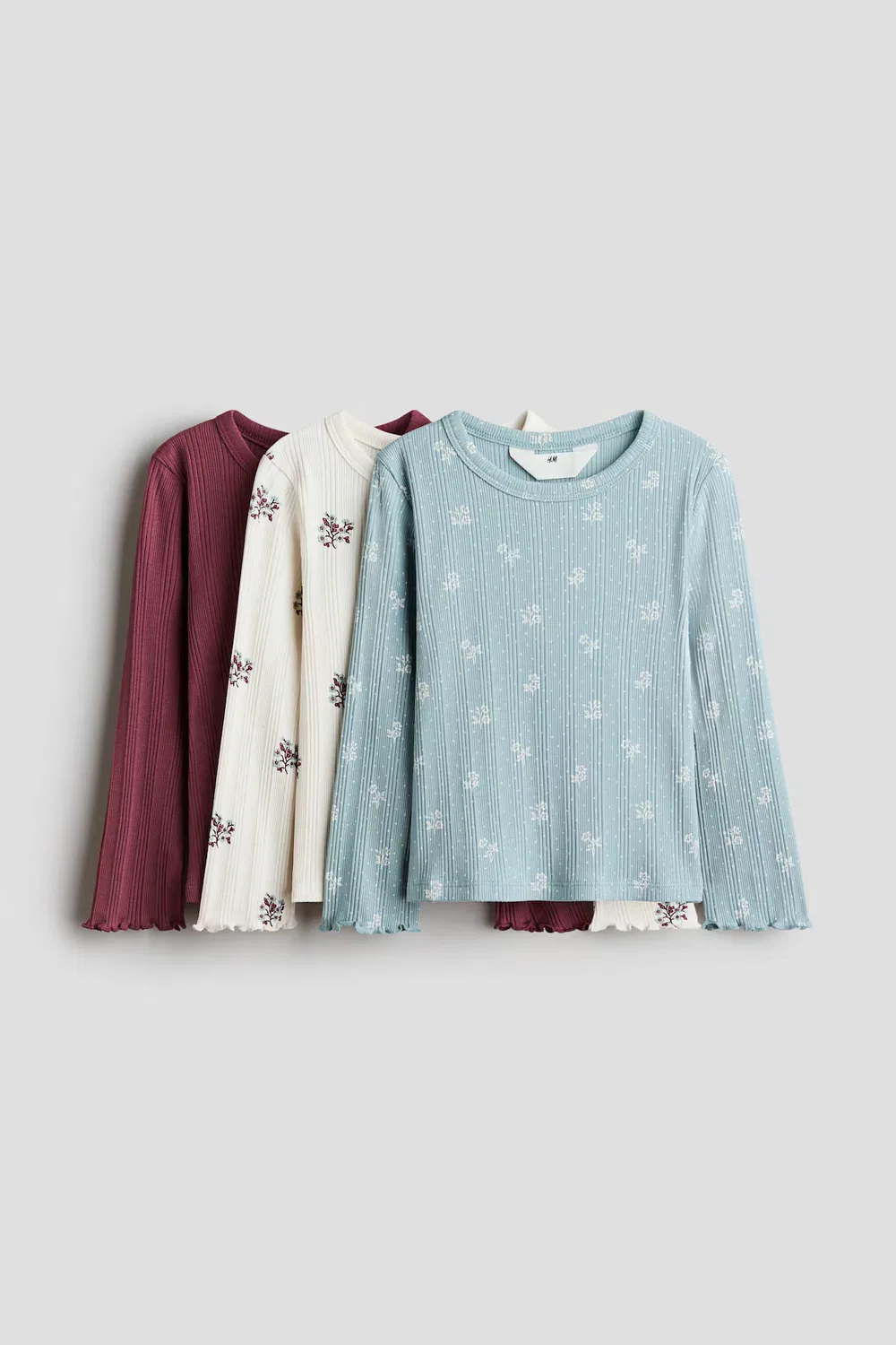 Комплект из 3 ребристых оверлочных рубашек H&M, Matttürkis/Geblümt