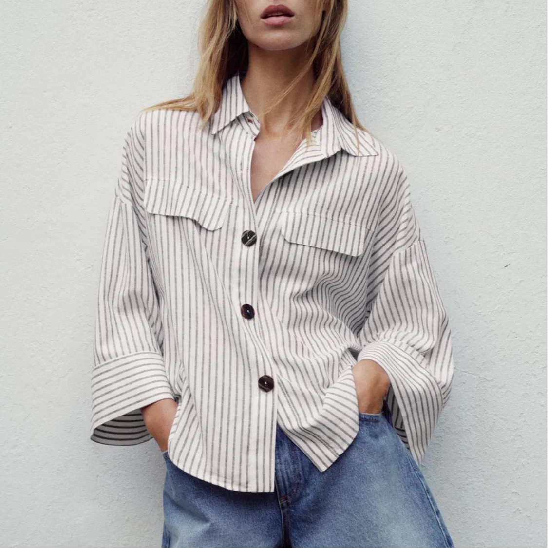 Женская рубашка с лацканами Brown/White ZARA, Brown/White — фото 4