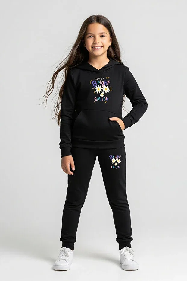 Детский спортивный костюм для девочек с принтом 3-Piece hooded kangaroo pocket printed girl's tracksuit set Fyk Kids, Black-Smoked-Grey — фото 2