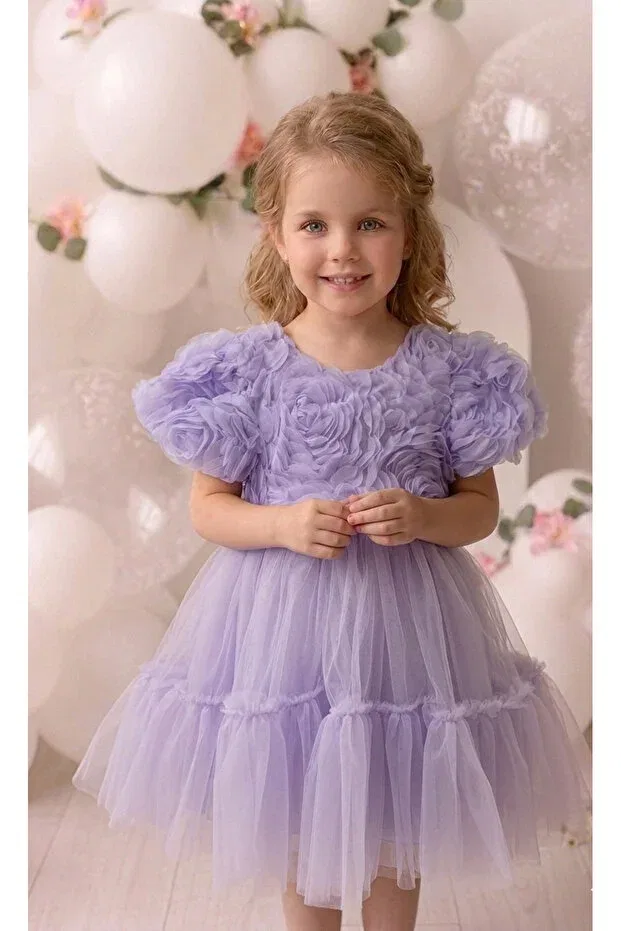 Детское платье для девочек с принтом Lilac 3d Rose Patterned Skirt with Ruffles at the Hem Graduation Special Occasion Girls' Dress Penu Baby Kids, Lilac — фото 3