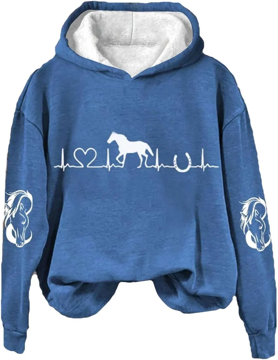 Женское худи с длинным рукавом, с капюшоном, с принтом Heart Ekg Heartbeat Horse, синий