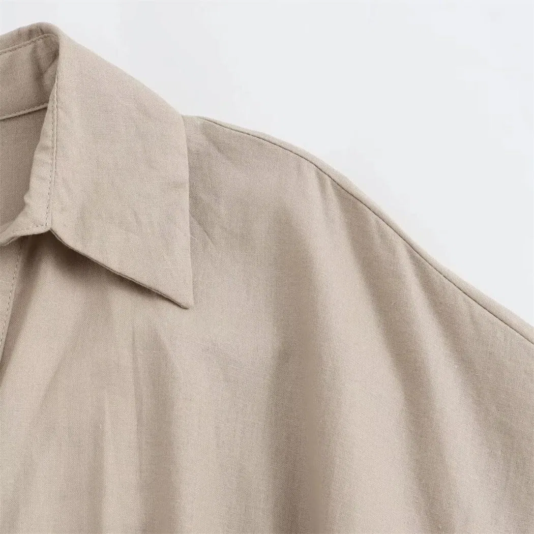 Женское платье-рубашка с поясом Linen Short Sleeve Lapel Belt Pleated Shirt Dress — фото 4