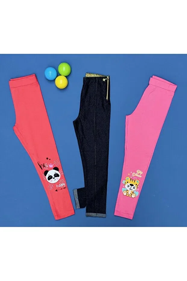 Детские леггинсы для девочек с принтом 5-8 years combed cotton and denim tights triple set Baby Ella'S, Multicolored
