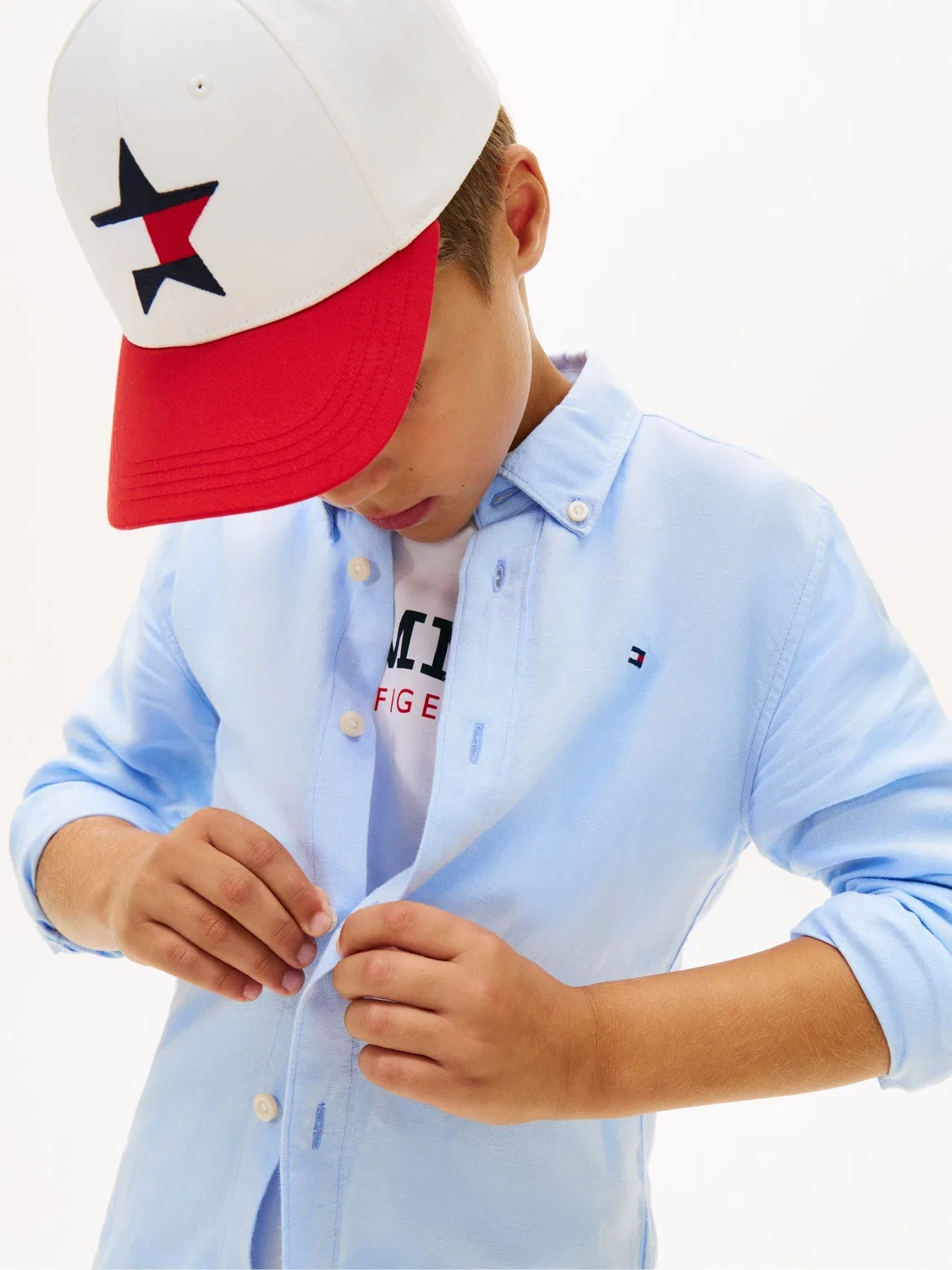 Рубашка из льняной смеси с вышивкой флага Tommy Hilfiger, синяя — фото 4