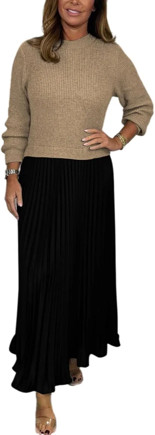 Женское платье с плиссированным низом макси, Khaki+Black
