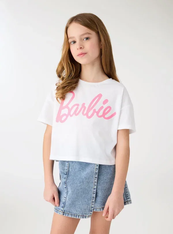 Футболка с принтом Barbie, хлопок, Crop con scritta barbie, Terranova, Optical White, белый — фото 2