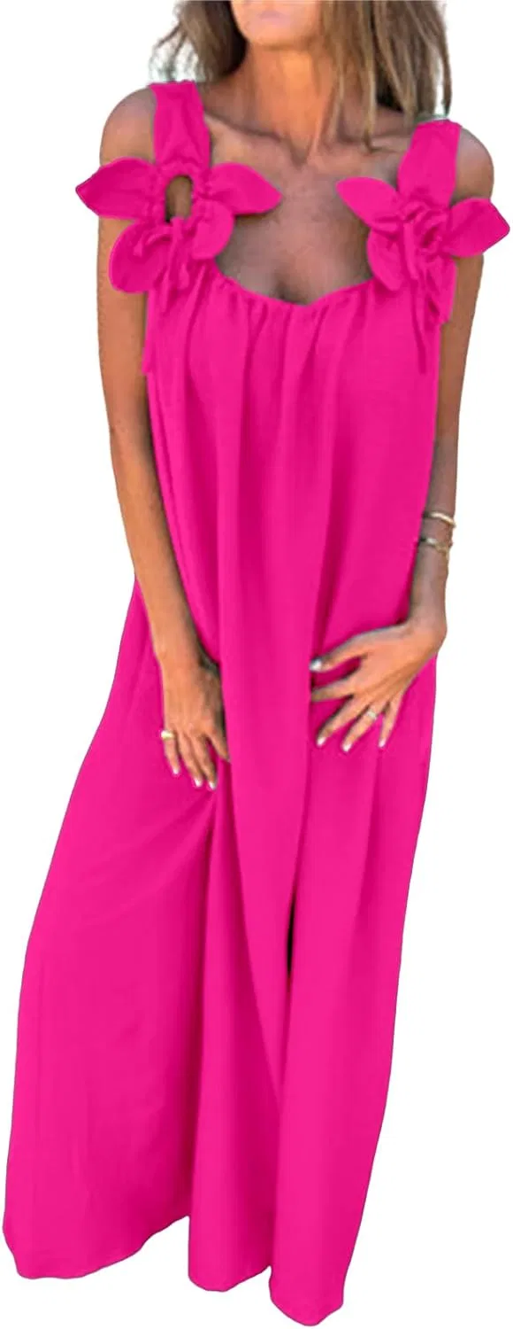 Женский сарафан миди без рукавов с цветочными бретелями, Hot Pink