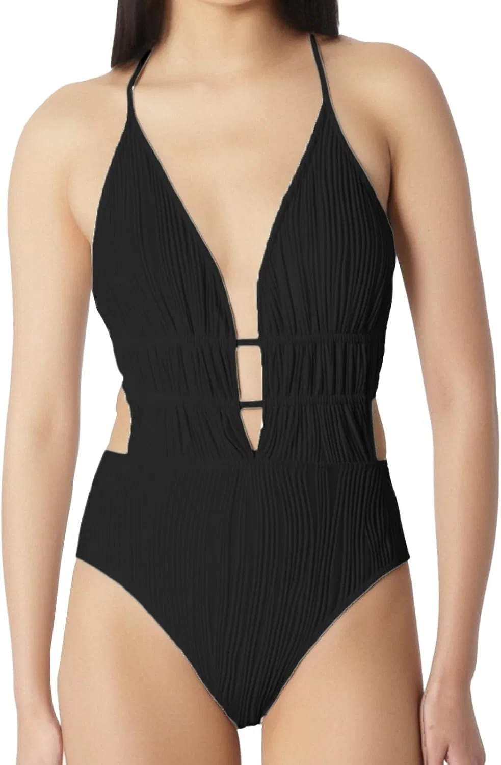 Женский слитный купальник с V-образным вырезом Ribbed, Black