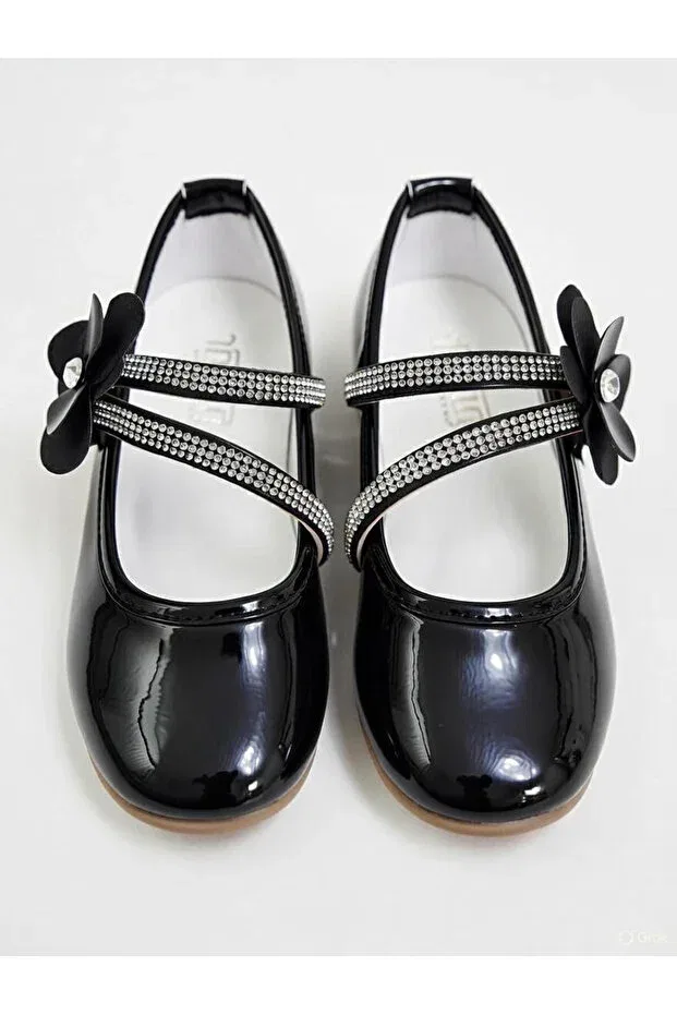 Детские балетки для девочек с принтом Double Strap Stone Patent Leather Lideral, Black — фото 3