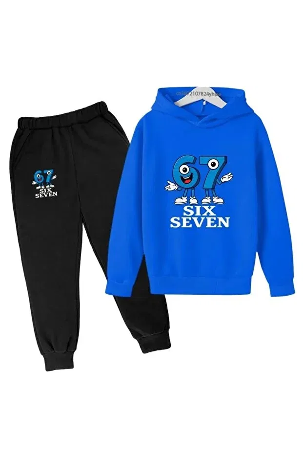 Детский комплект для девочек с принтом Funny Number Printed Hooded Combination Bottom-Top Tracksuit Set Svart Wear, Navy Blue