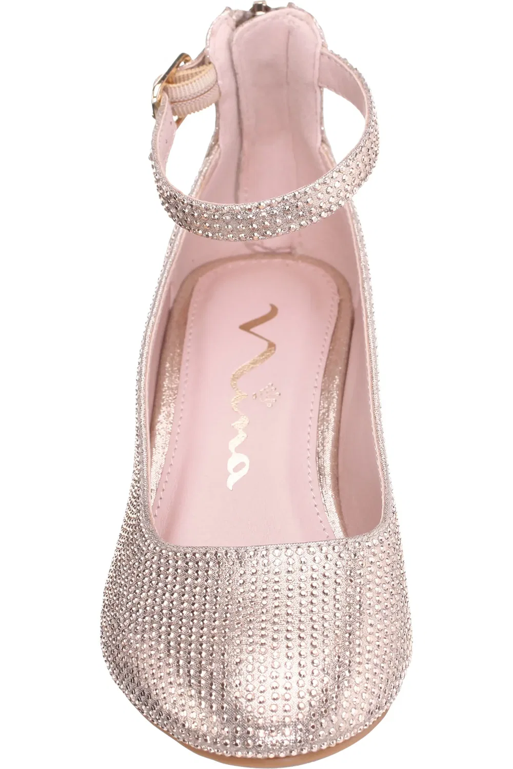Детские туфли на каблуке со стразами и ремешком Lennie Nina, Light Gold Satin/Rhinestones — фото 4