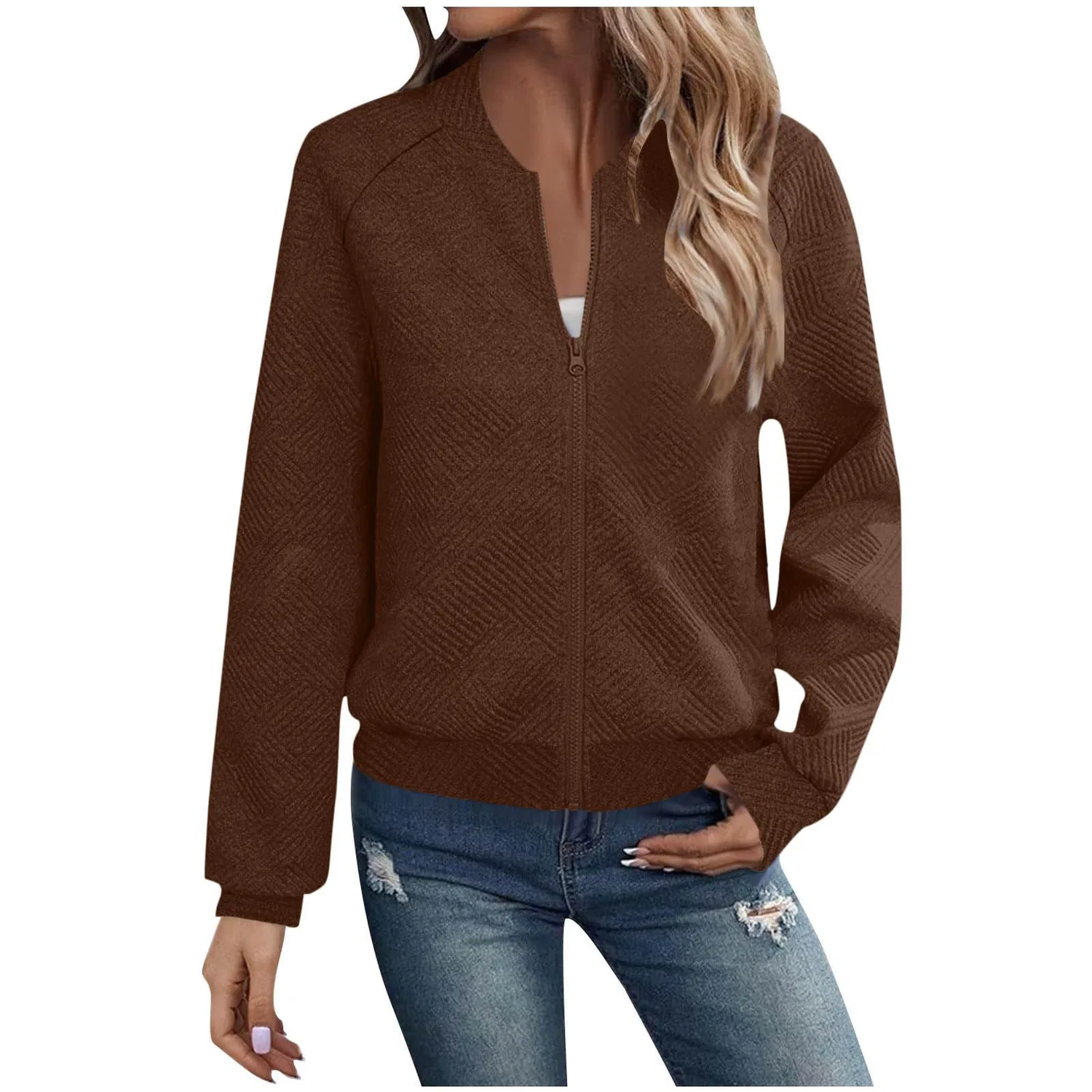 Женская куртка-бомбер с длинным рукавом, модель Bomber Giacca Donna Casual Leggero Manica Lunga Giacche da Volo Collare a Fascia Primavera Autunno Texture Full Zip Giacca a Vento Jacquard Regolare Elegante Cardigan Alla Moda Capispalla, 01 marro... — фото 2