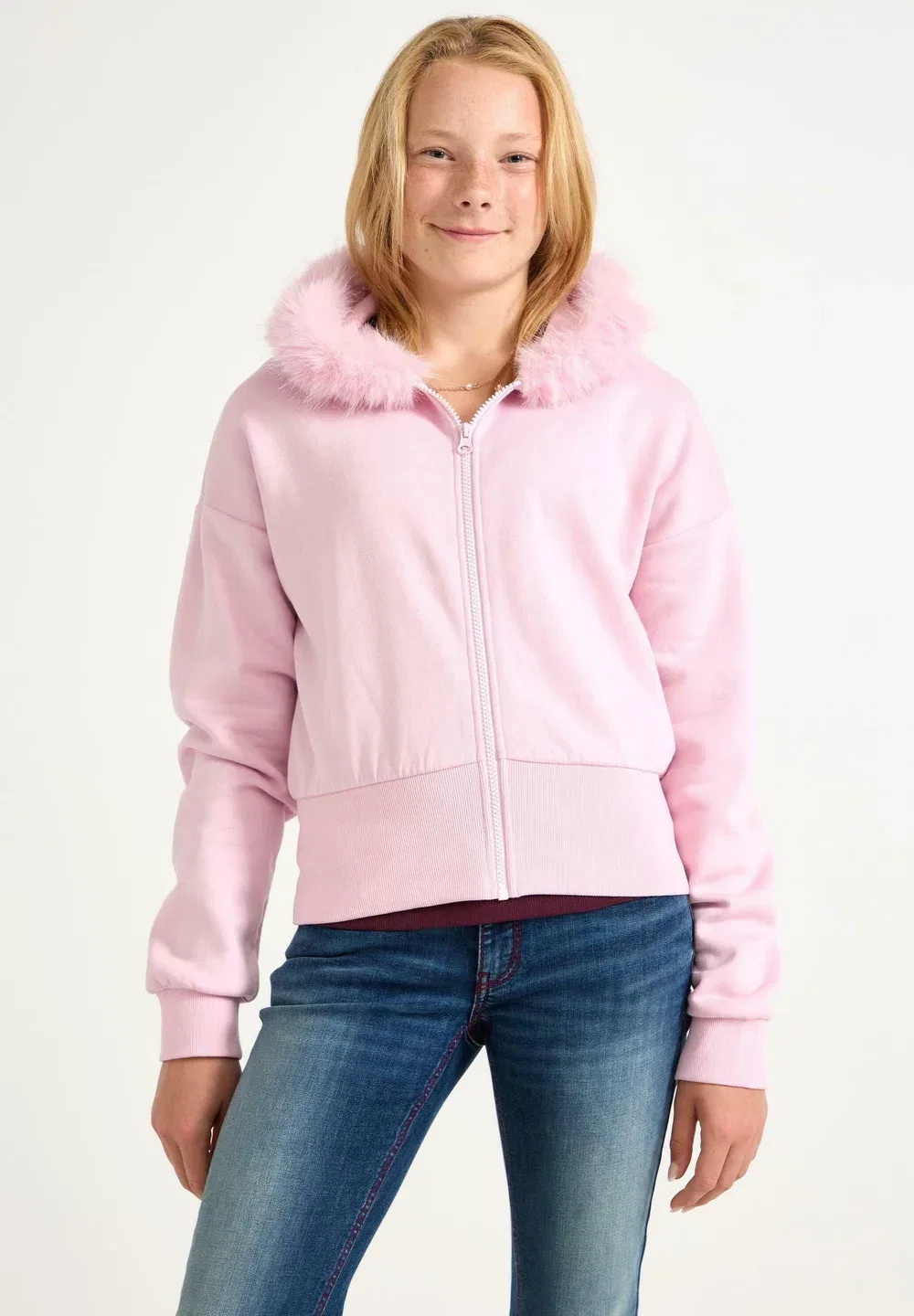 Толстовка с капюшоном и искусственным мехом на молнии Lindex, Light Pink