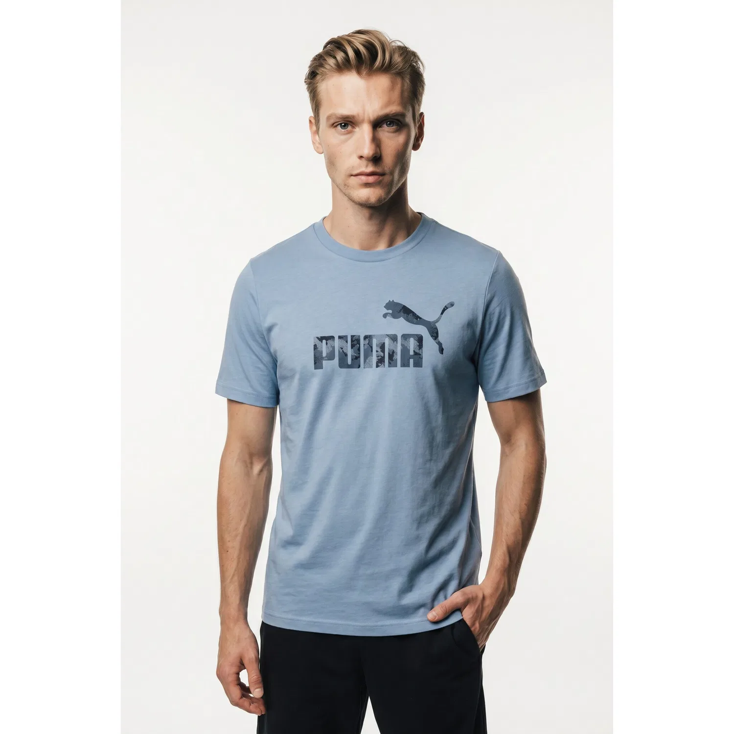 Детская хлопковая футболка с камуфляжным принтом PUMA, Cool Blue