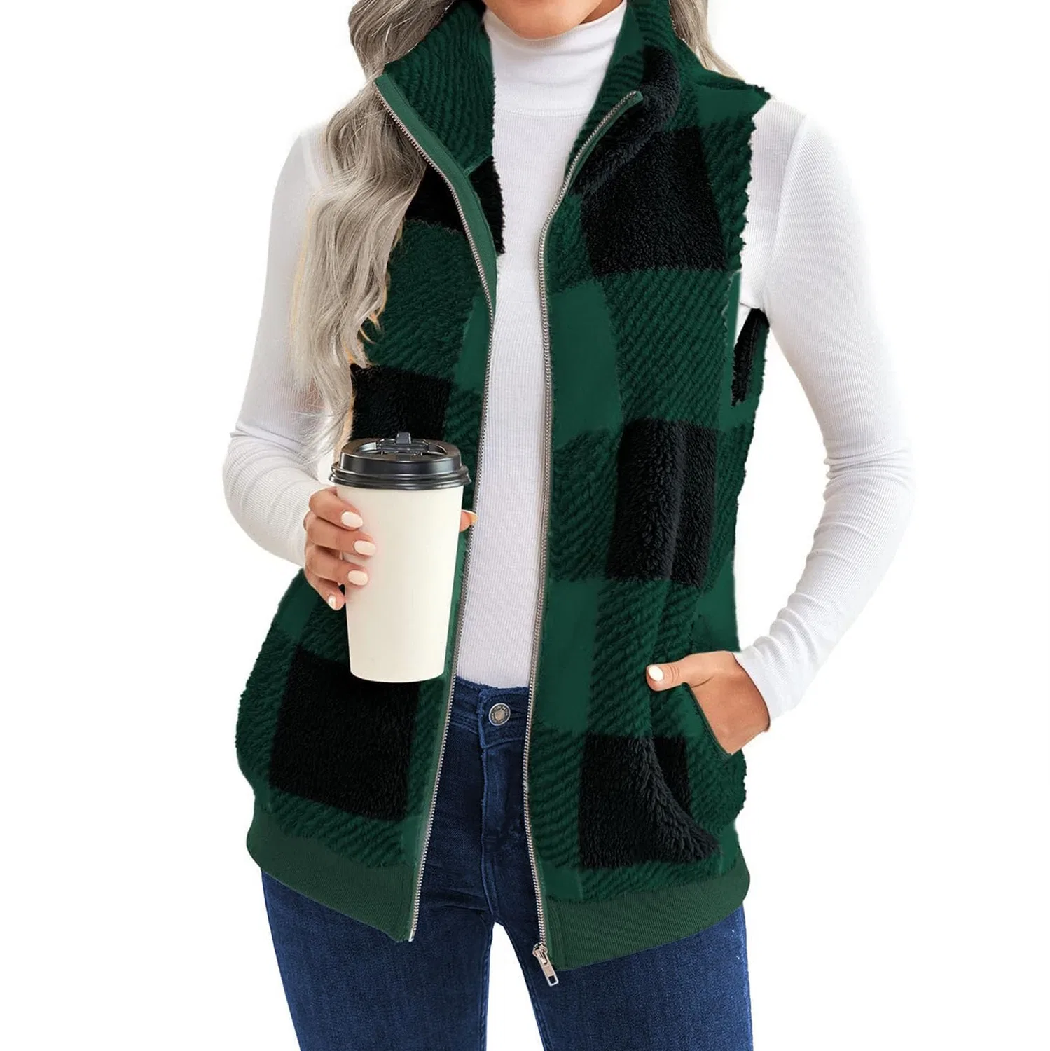 Женский жилет без рукавов с принтом Fluffy Warm Casual Women Fur Plaid Sherpa Jacket Autumn Winter, Verde — фото 2
