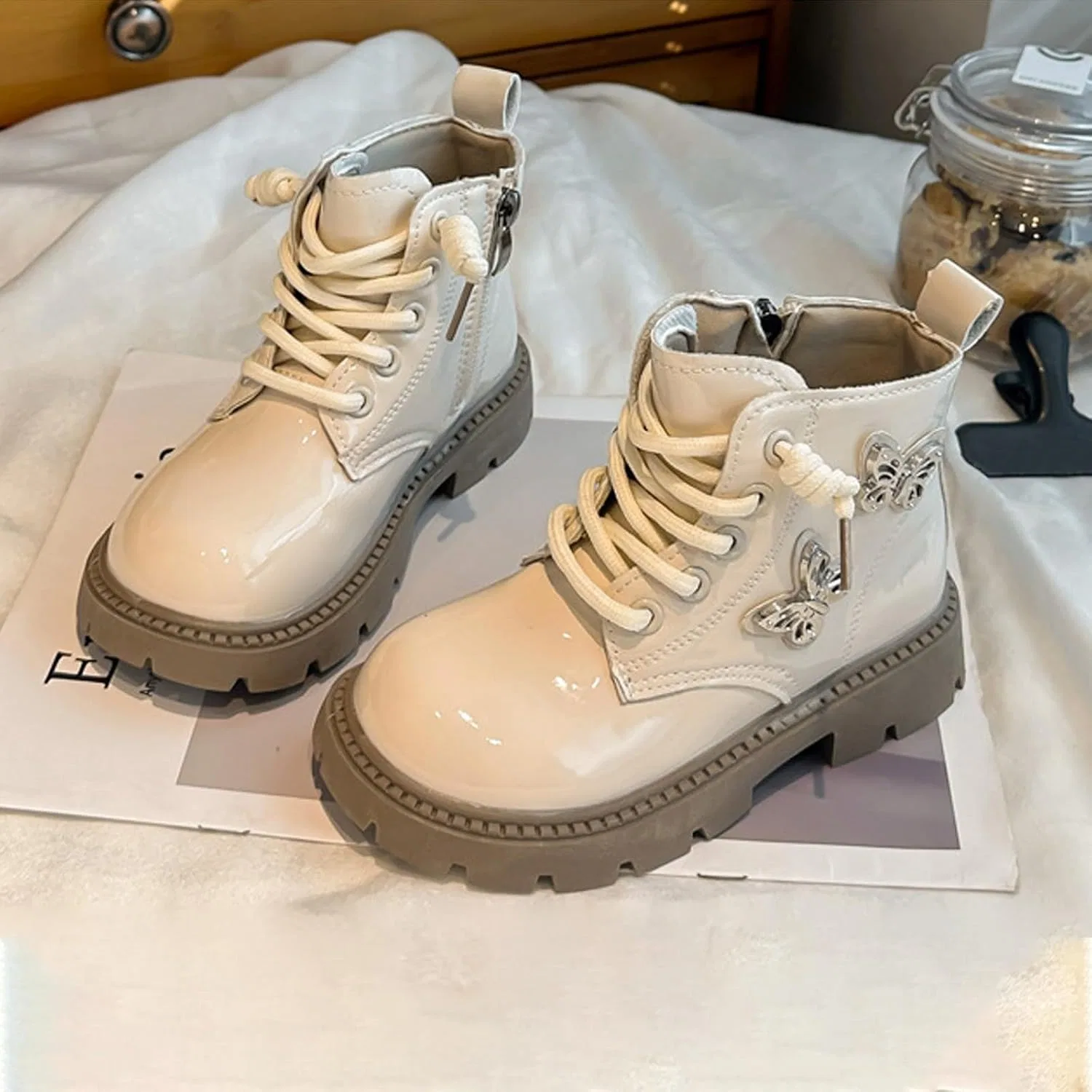 Детские ботинки для девочек с принтом, модель Combat Boot, Beige — фото 3