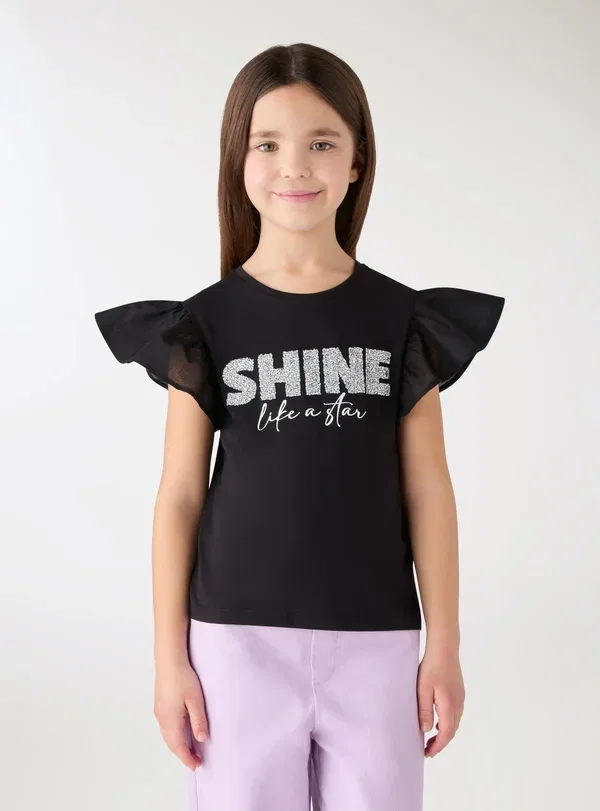 Футболка с принтом glitter print t-shirt Terranova, черный
