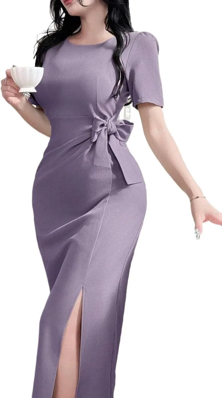 Женское элегантное платье с бантом и разрезом Puff Sleeve, Purple — фото 2